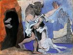Minotaur with dead horse in front of a cave facing a girl in veil